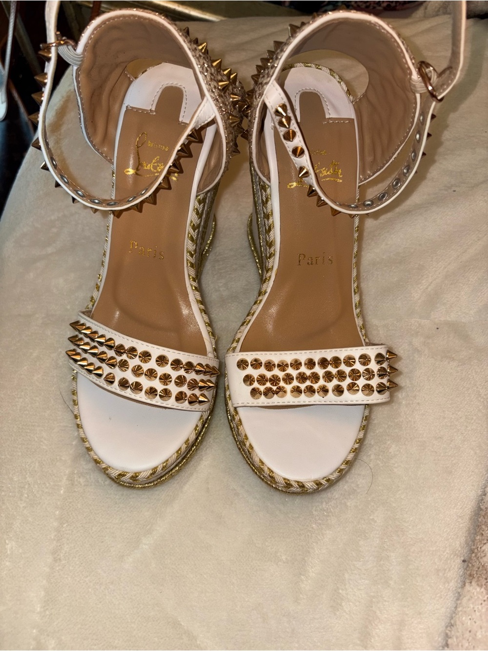 Christian Louboutin White and Gold Studded Espadrille Wedge Sandals
